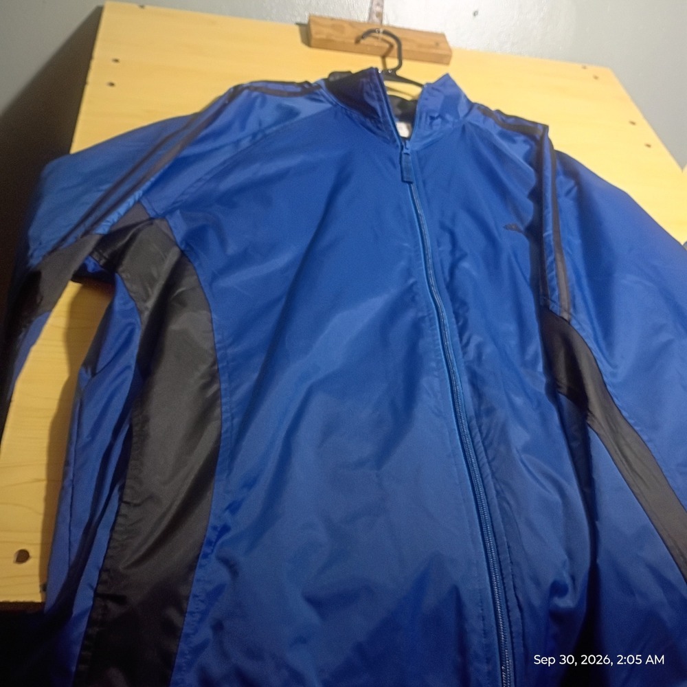 Adidas Windbreaker Jacket Men XL Blue Black 3-Stripe Full Zip Lightweight